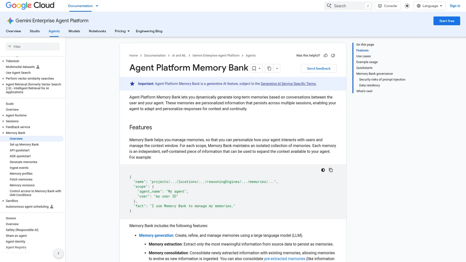 Google public Memory Bank documentation describing memory generation, storage and retrieval