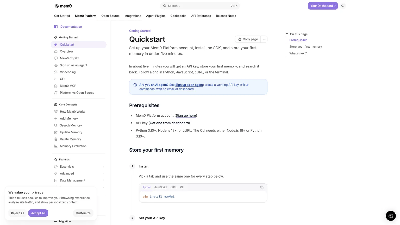 Mem0 public quickstart showing adding and searching user-scoped memories