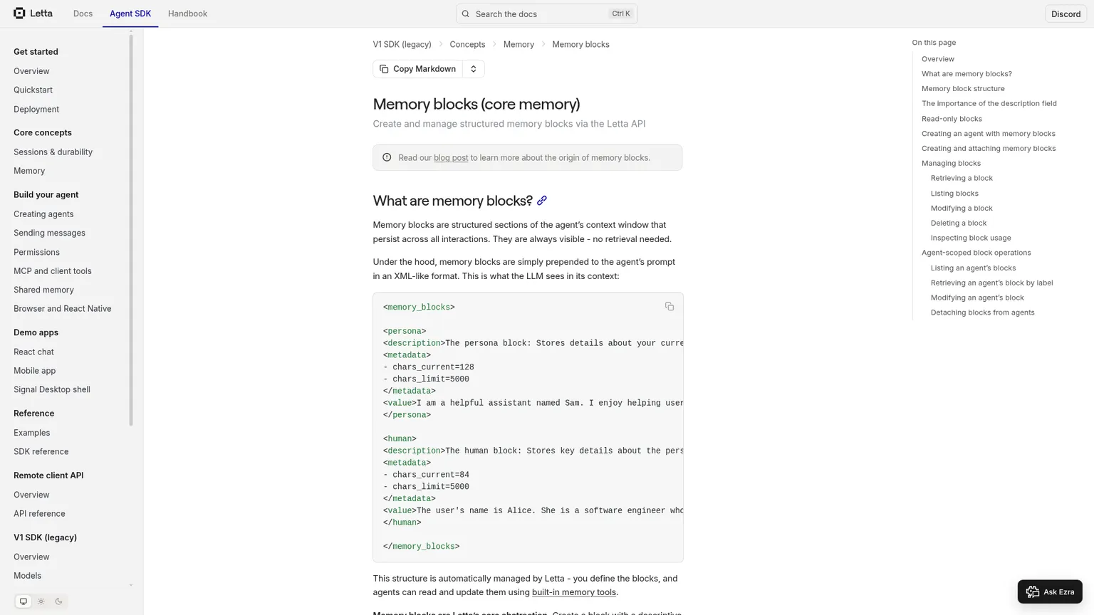 Letta public documentation for persistent, always-visible memory blocks