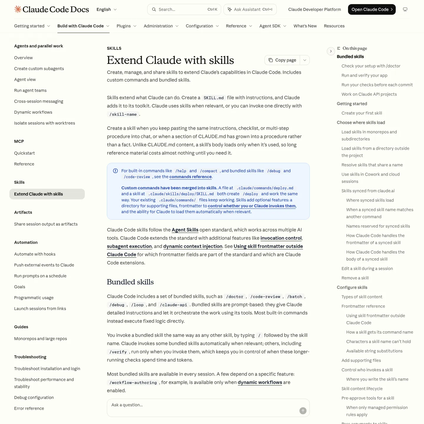 Документация Claude Code о навыках и каталогах, в которых агент их обнаруживает