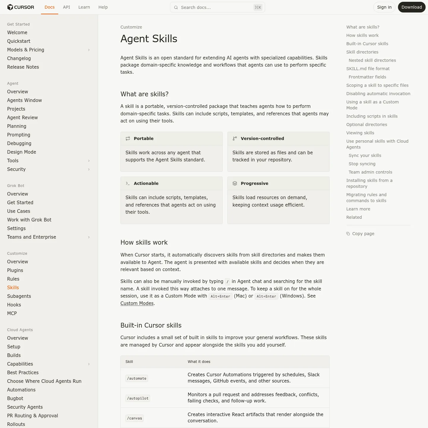 Документация Cursor об обнаружении и распространении Agent Skills