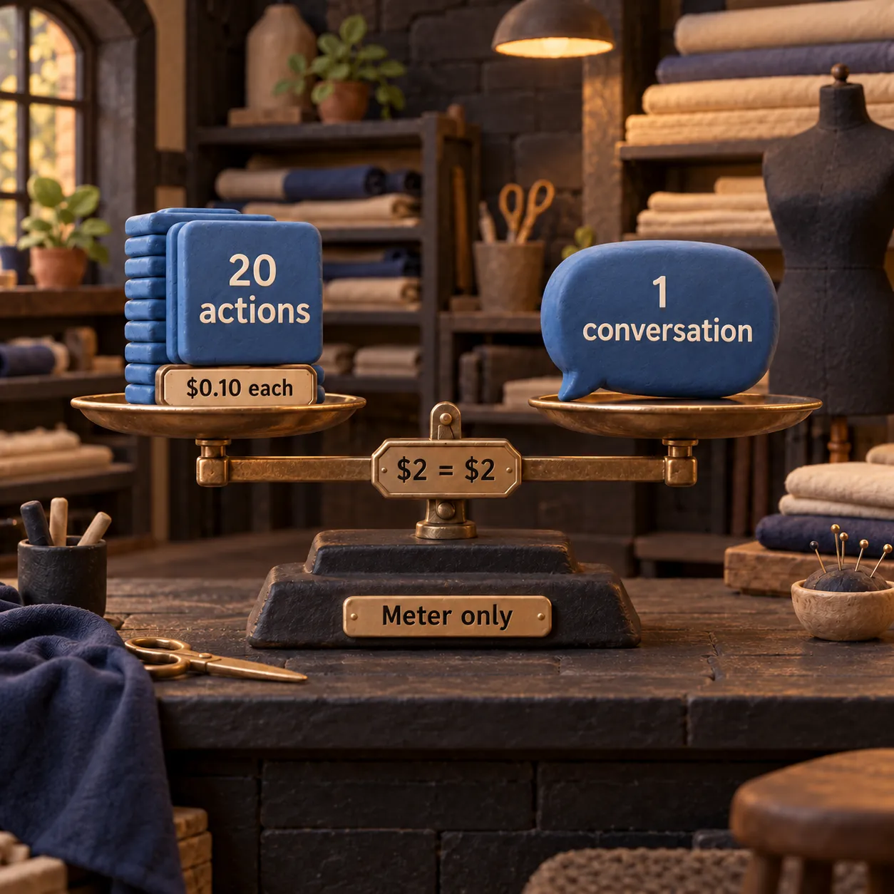 A balanced clay scale equates twenty ten-cent standard text actions with one two-dollar billed conversation