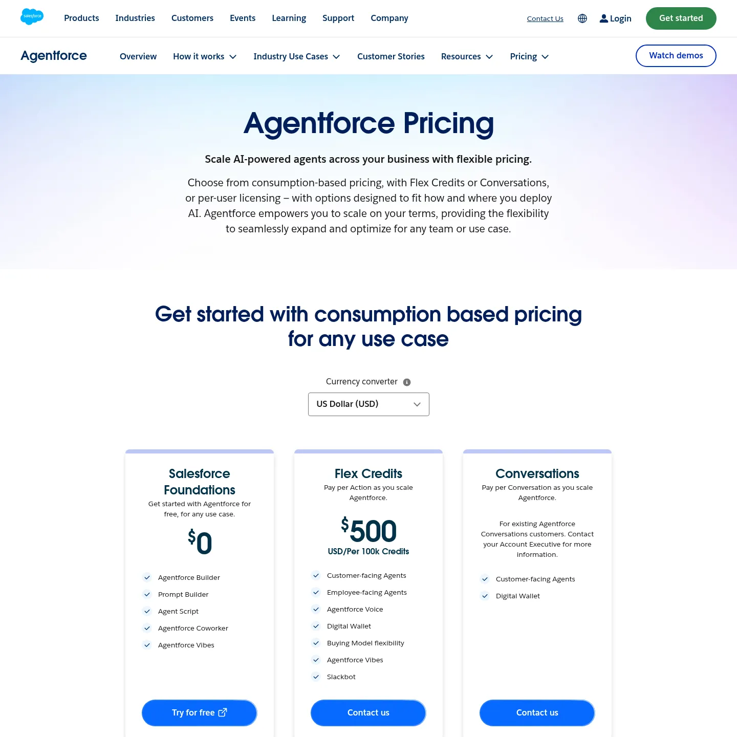 Salesforce Agentforce's live pricing page showing consumption and employee licensing options