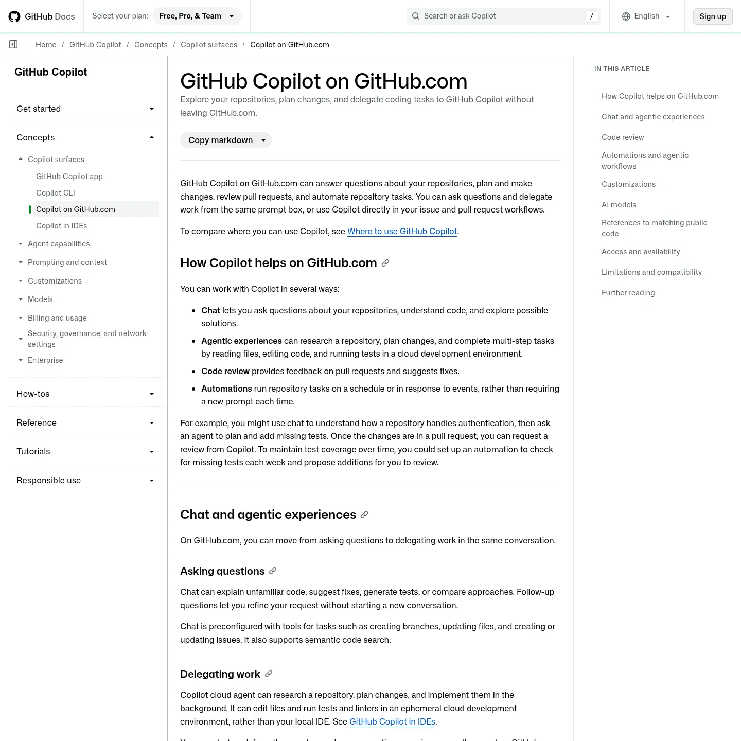 وثائق GitHub الخاصة بتفويض تغييرات المستودع إلى Copilot cloud agent.