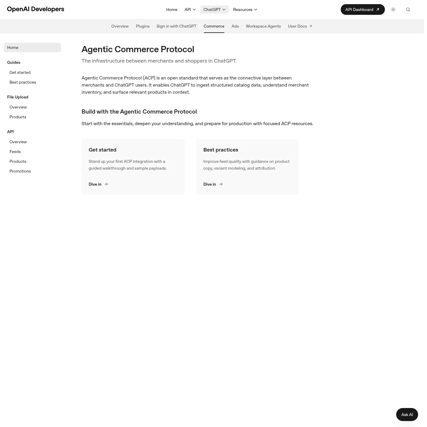 Documentazione ufficiale di OpenAI su Agentic Commerce Protocol