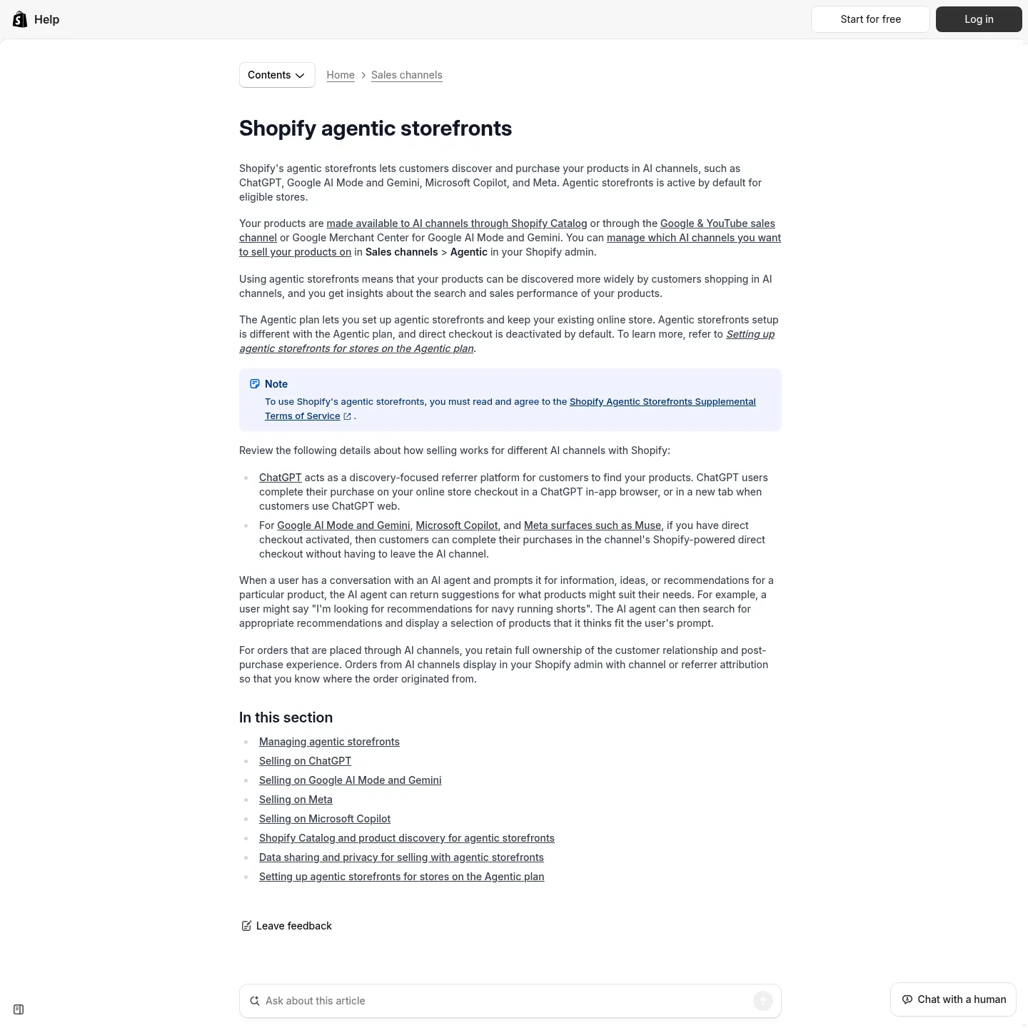Documentazione ufficiale di Shopify su Agentic Storefronts e sui controlli dei canali