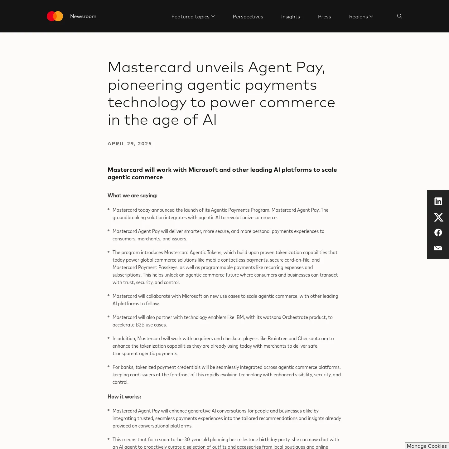 Pagina ufficiale Mastercard sul programma Agent Pay