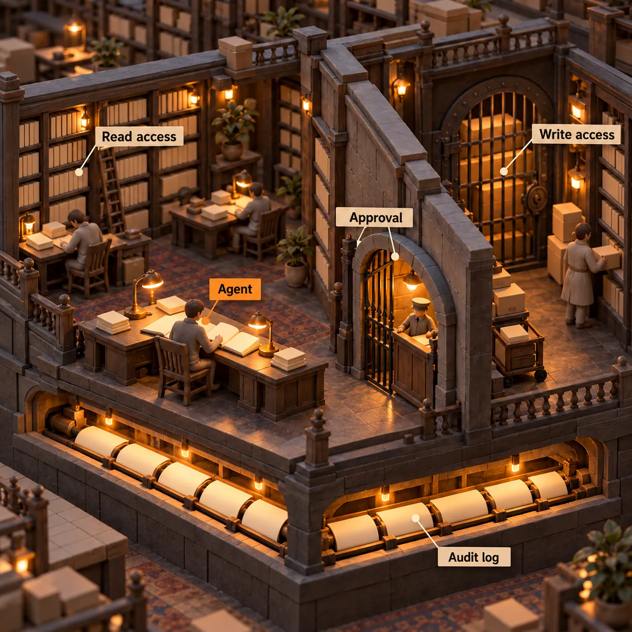 A clay library cutaway separates an agent's reading room from a write-access vault using an approval gate, with an audit log beneath both