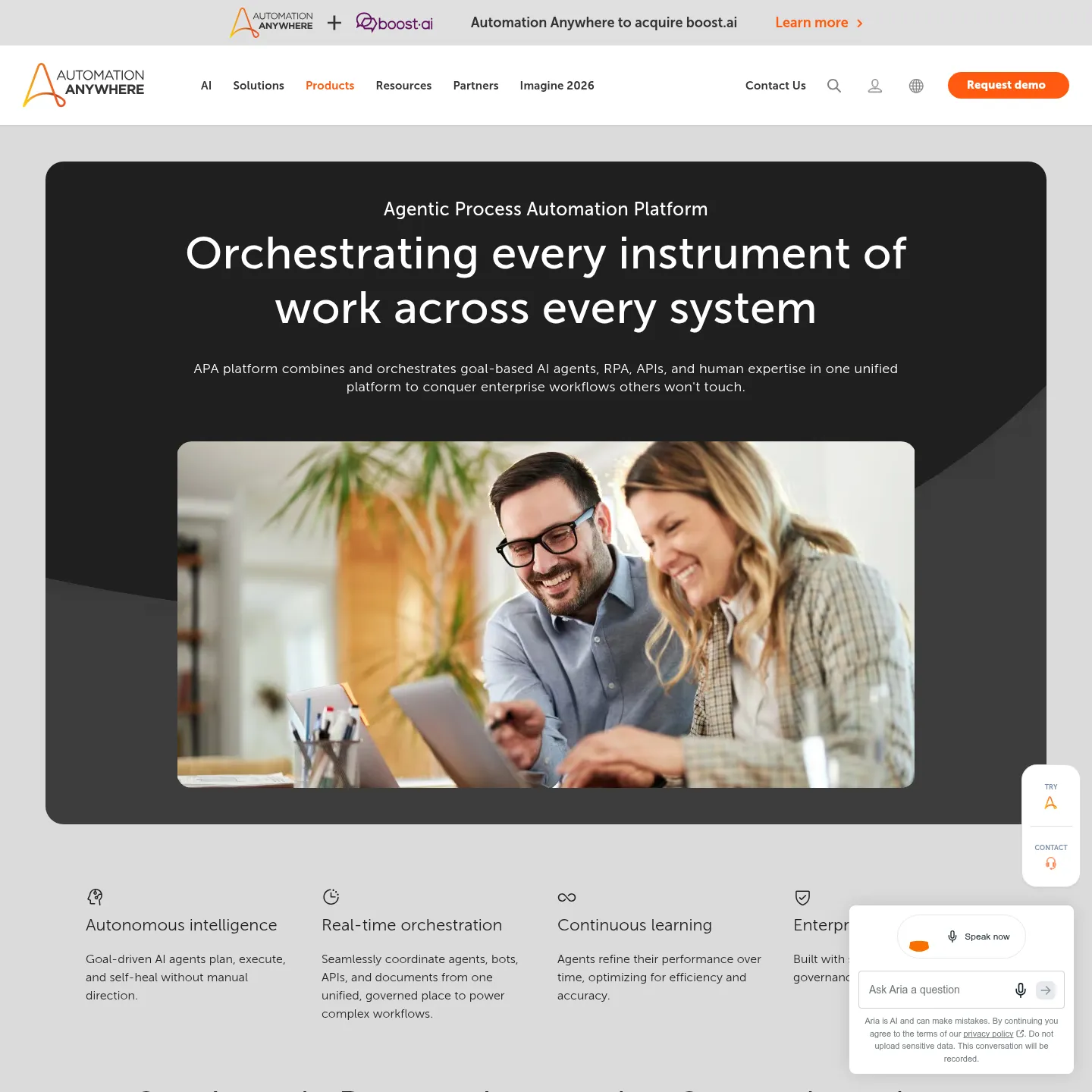 Automation Anywhere's page describing its agentic process automation platform