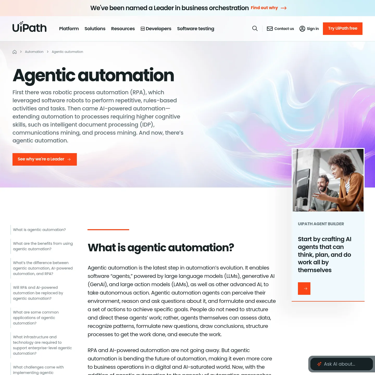 UiPath's explanation of agentic automation and its relationship to RPA