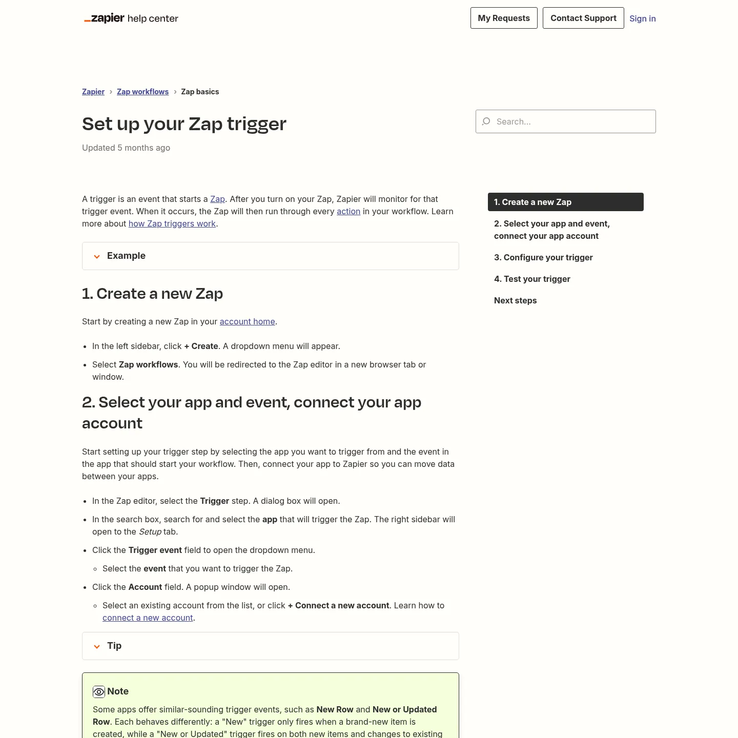 Zapier documentation showing how a trigger starts a configured workflow