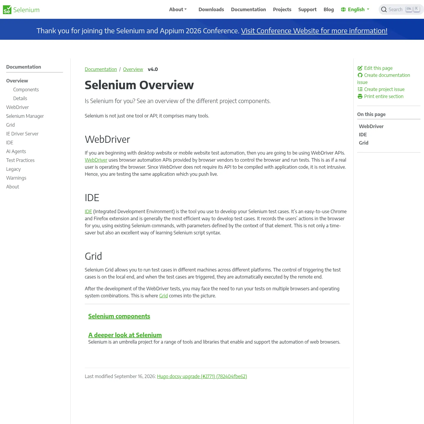 Selenium's overview of its browser automation and testing components