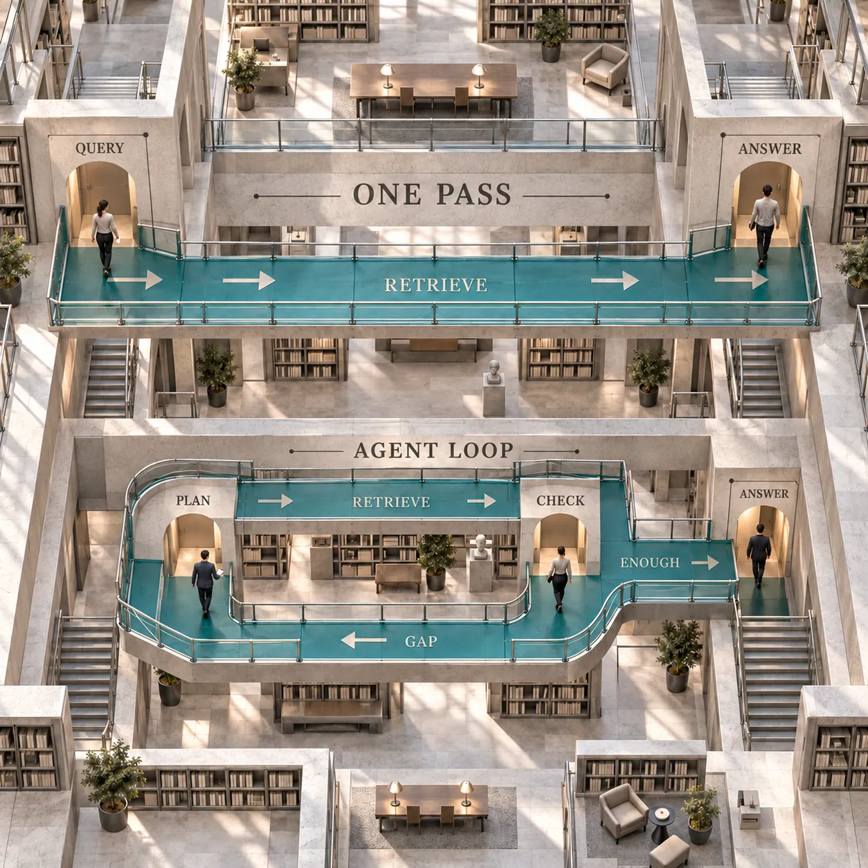 Architectural library paths compare a one-pass retrieval route with an agent loop that returns from an evidence check to planning when a gap remains.