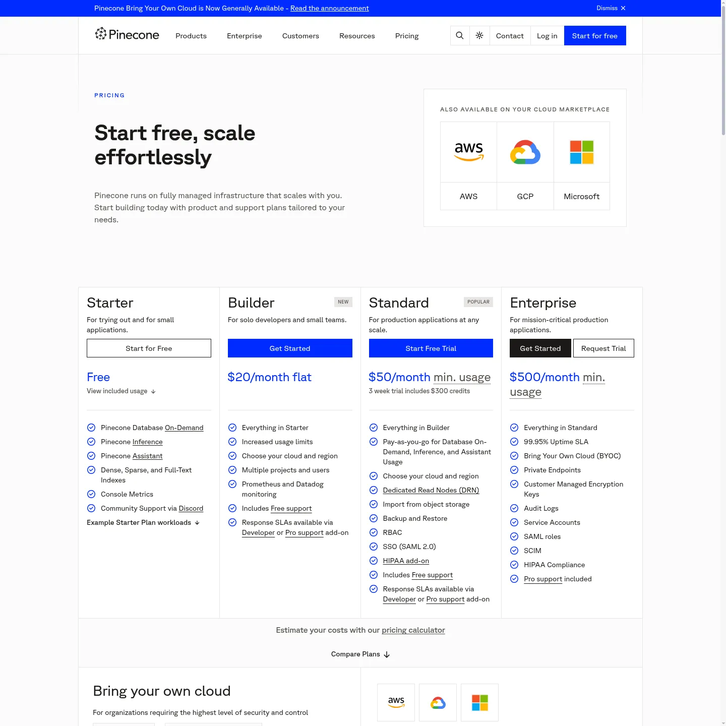 Pinecone's current pricing page showing its product plans.