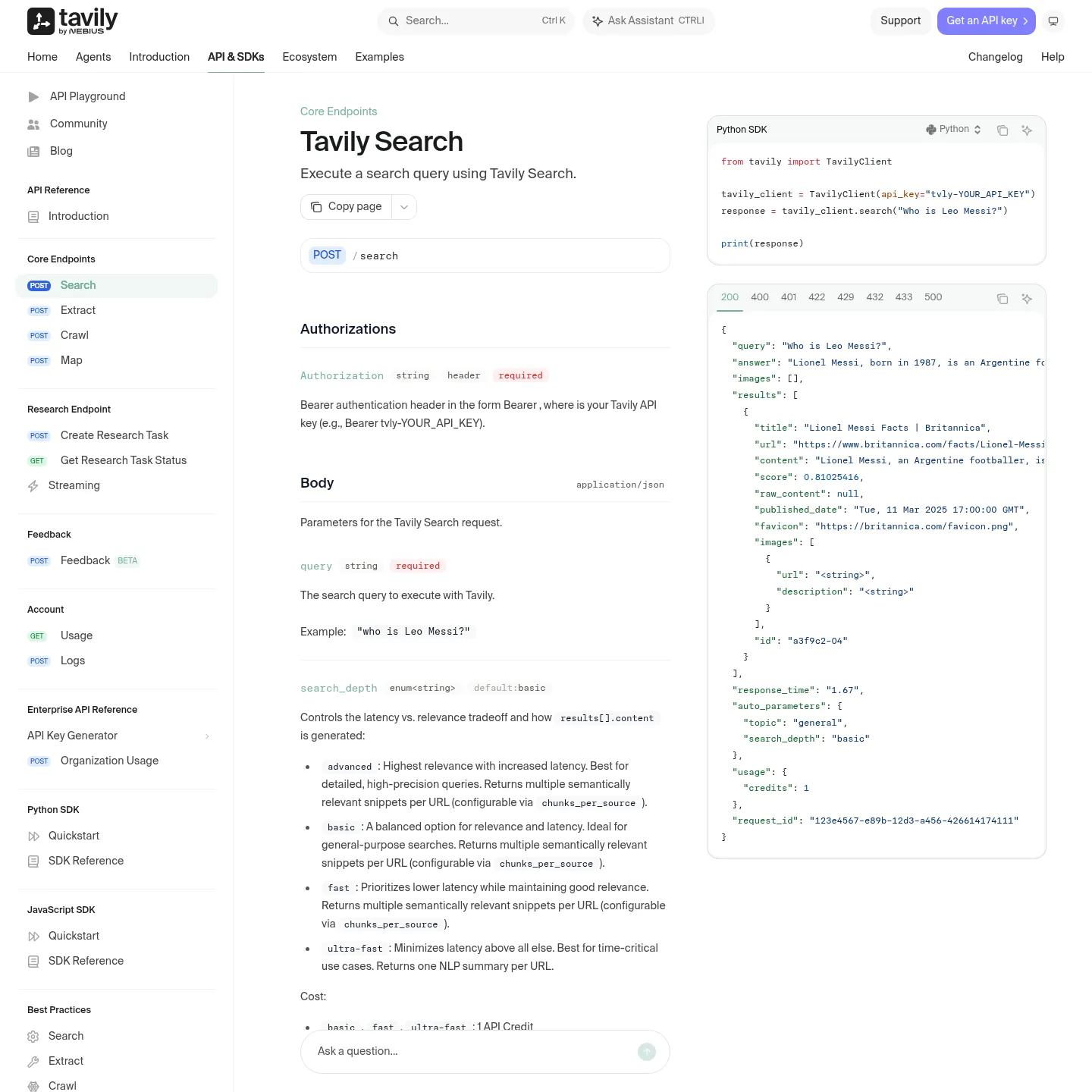 Tavily's official Search API reference and request parameters.