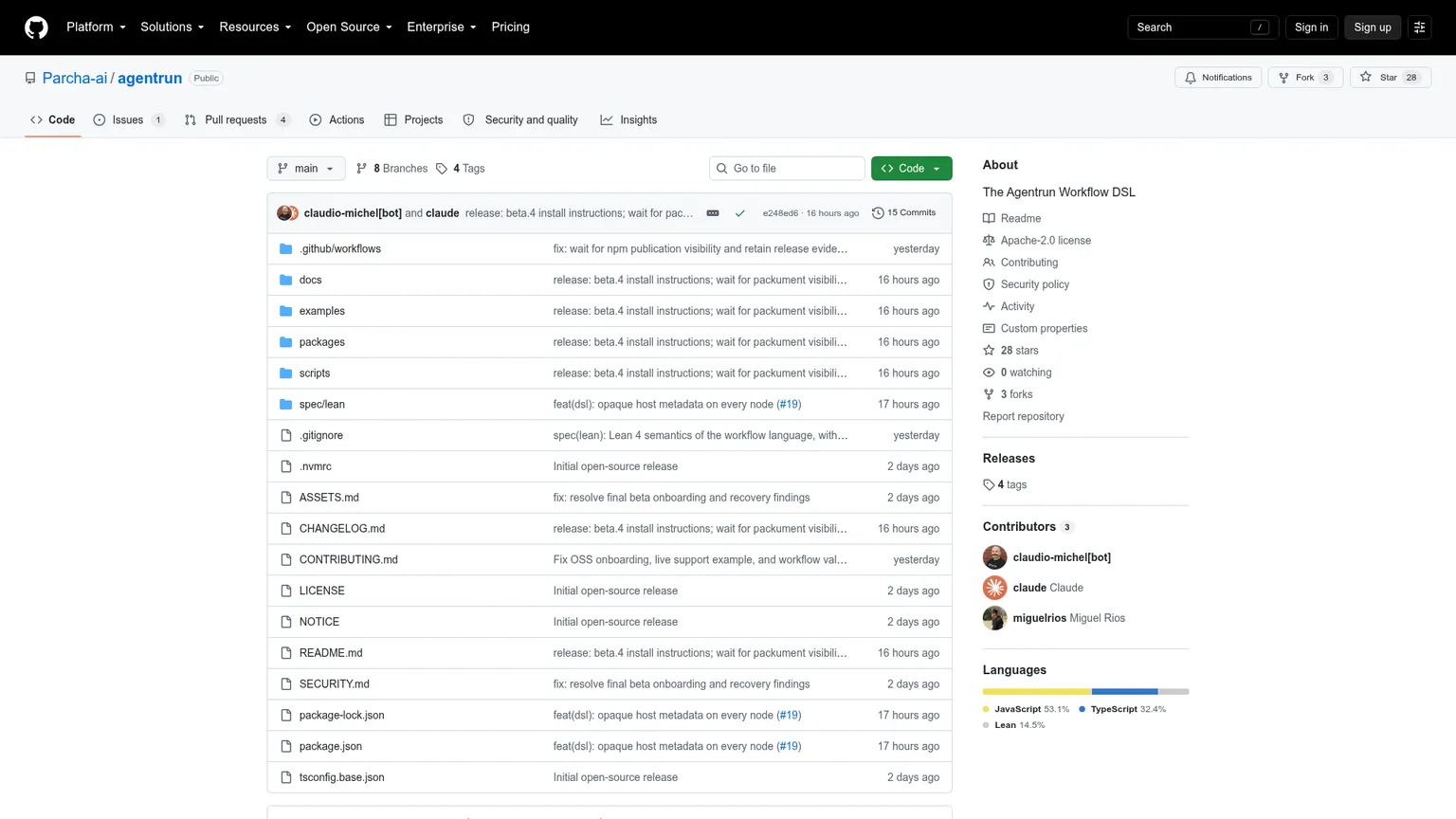 AgentRun GitHub repository showing the workflow language, quickstart, and support example