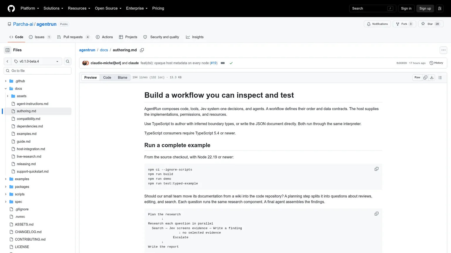 AgentRun authoring guide showing workflow contracts, inspection, and testing
