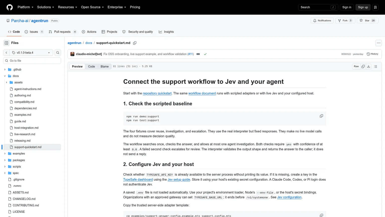 AgentRun support quickstart describing the 0.8 threshold, one investigation, and escalation exit code