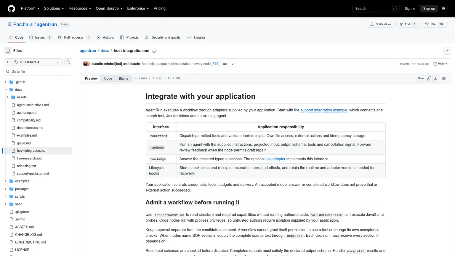AgentRun host integration guide covering adapters, cancellation, recovery, policy, and metadata