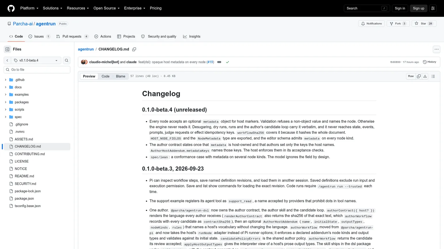 AgentRun beta.4 changelog showing prerelease status and changes