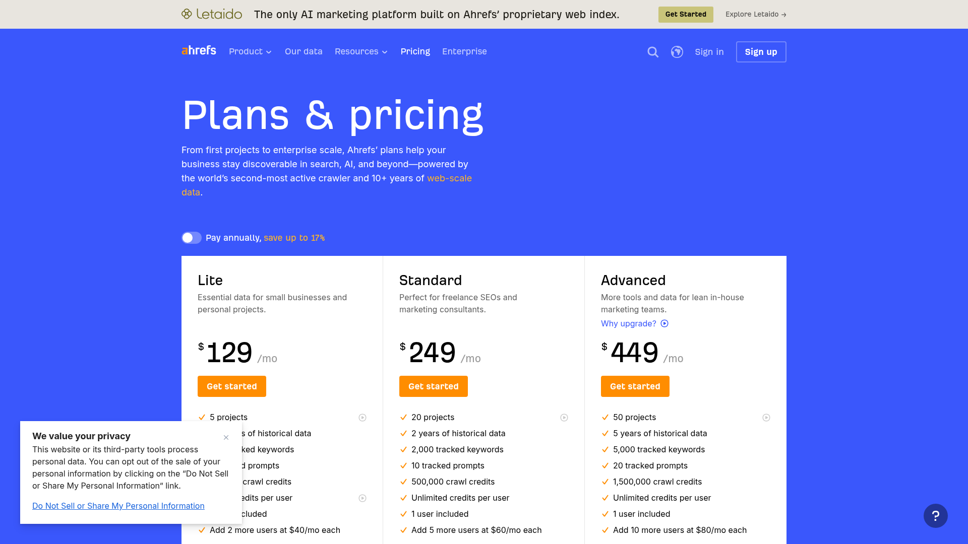 Ahrefs live plans and pricing page