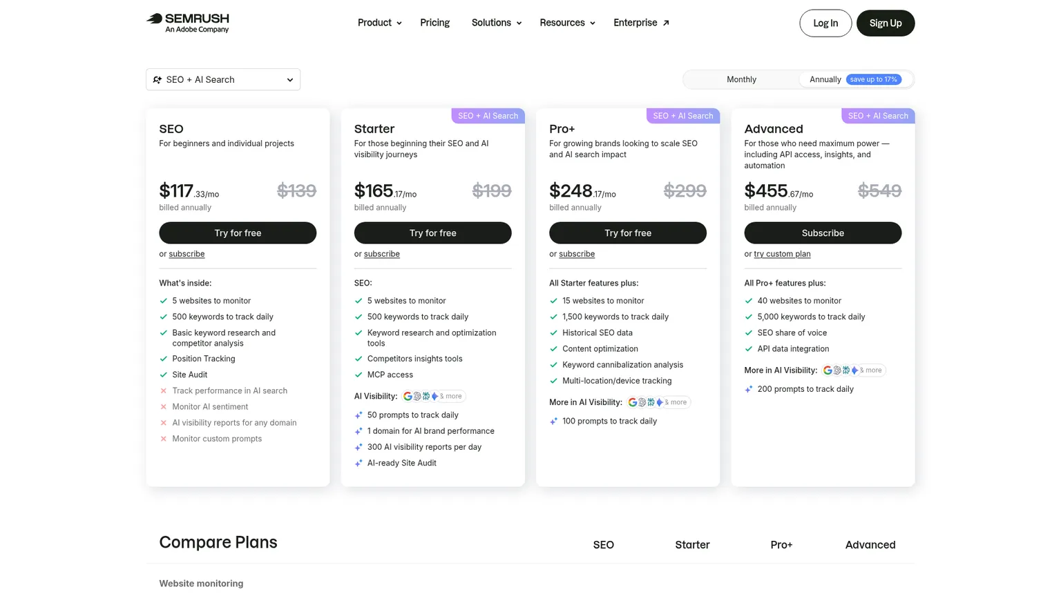 Pagina aggiornata dei prezzi SEO e ricerca AI di Semrush