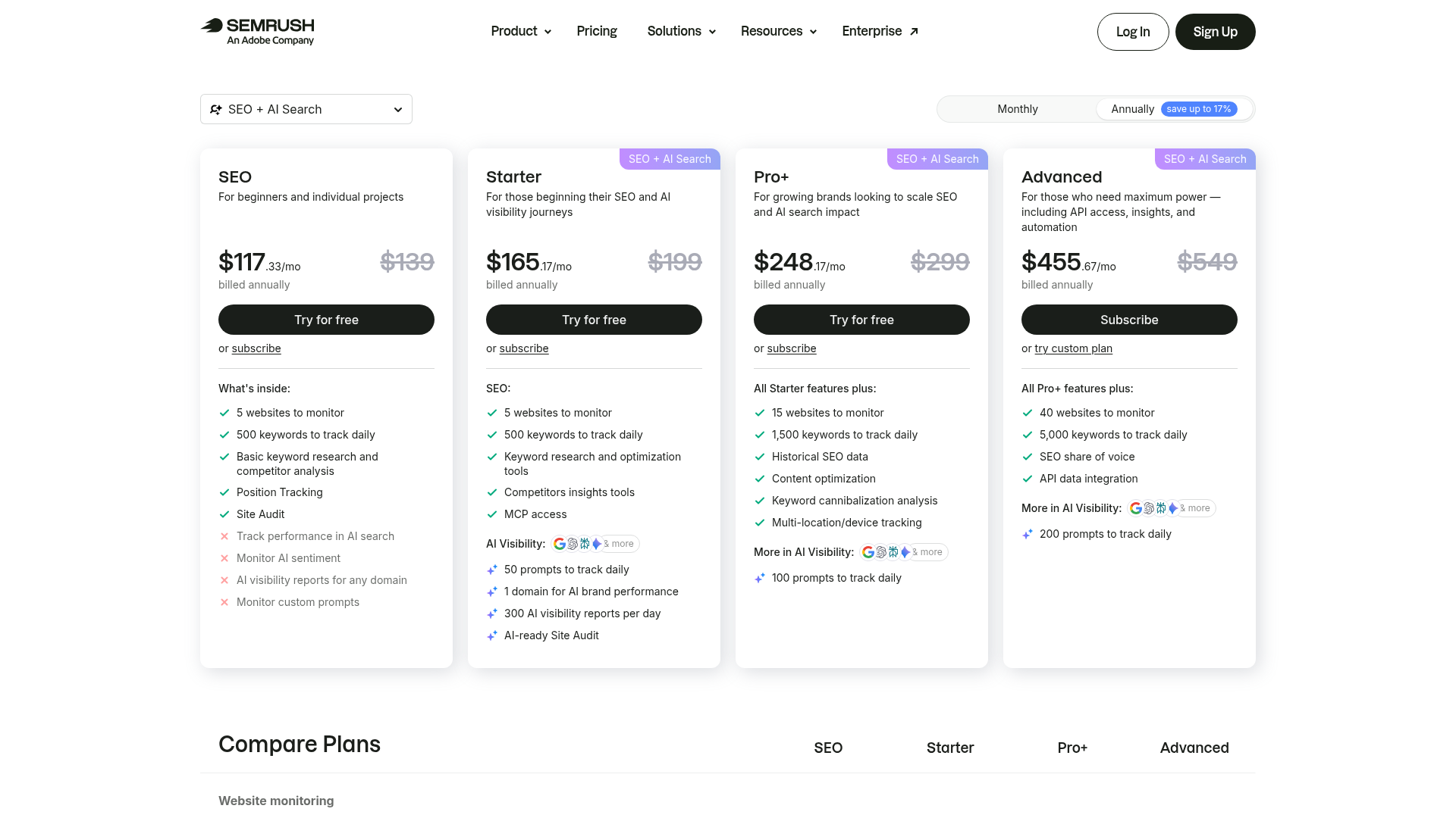 Semrush live SEO and AI search pricing page