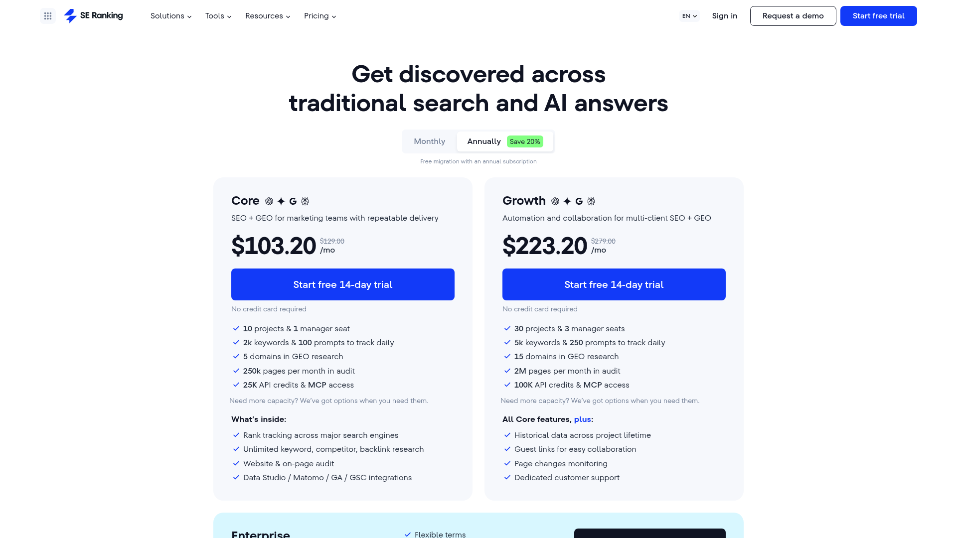 SE Ranking live Core, Growth, and Enterprise pricing page