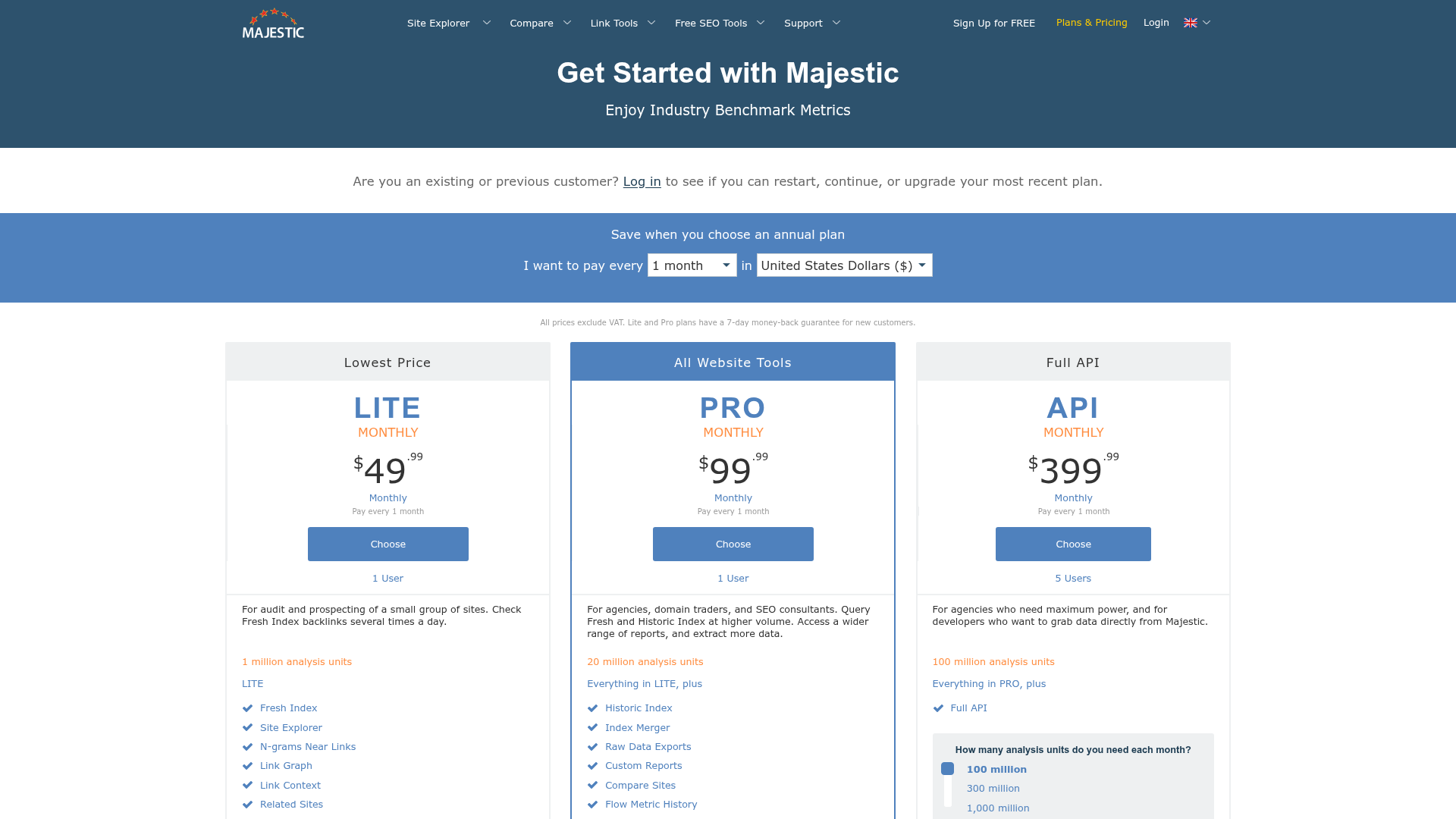 Majestic live Lite, Pro, and API pricing page