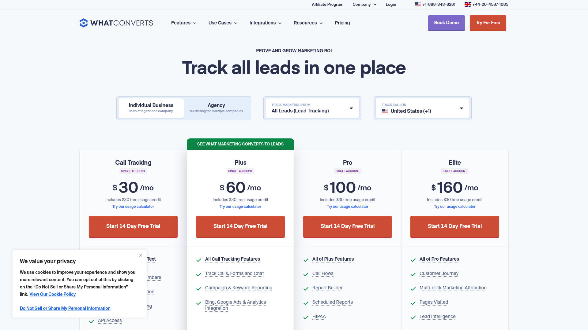 WhatConverts live single-account and agency pricing page