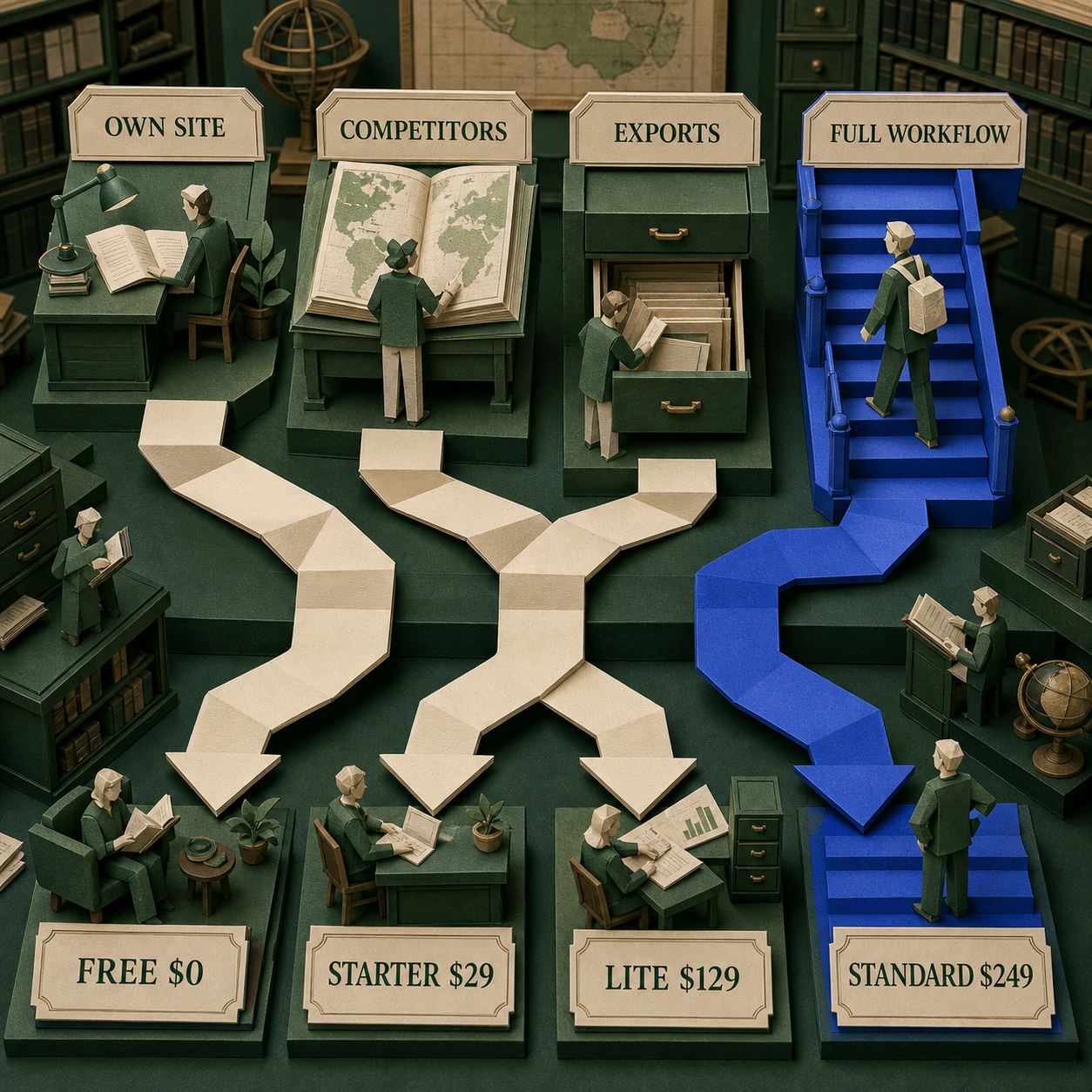 Decision route from Ahrefs Free through Standard based on owned sites, competitor research, exports, and full workflow needs