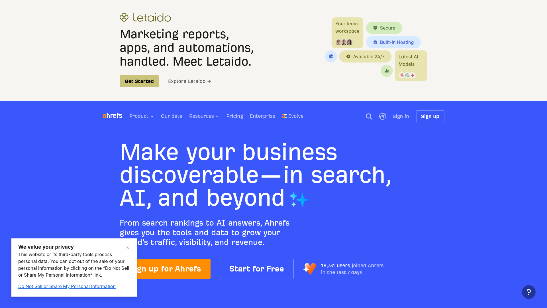 Ahrefs marketing and SEO research platform homepage