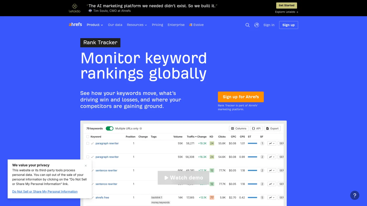 Ahrefs Rank Tracker locations, SERP features, and update-frequency details