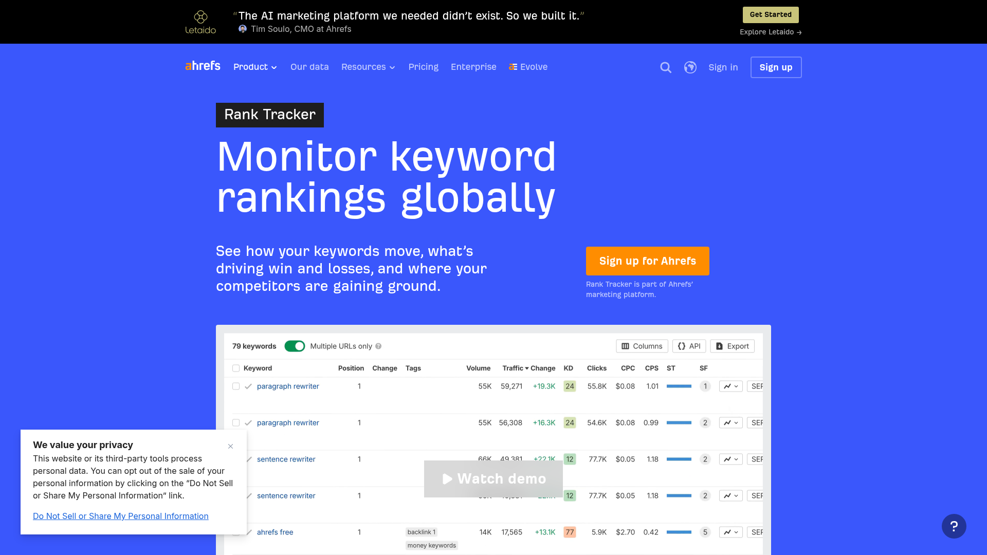 Ahrefs Rank Tracker locations, SERP features, and update-frequency details