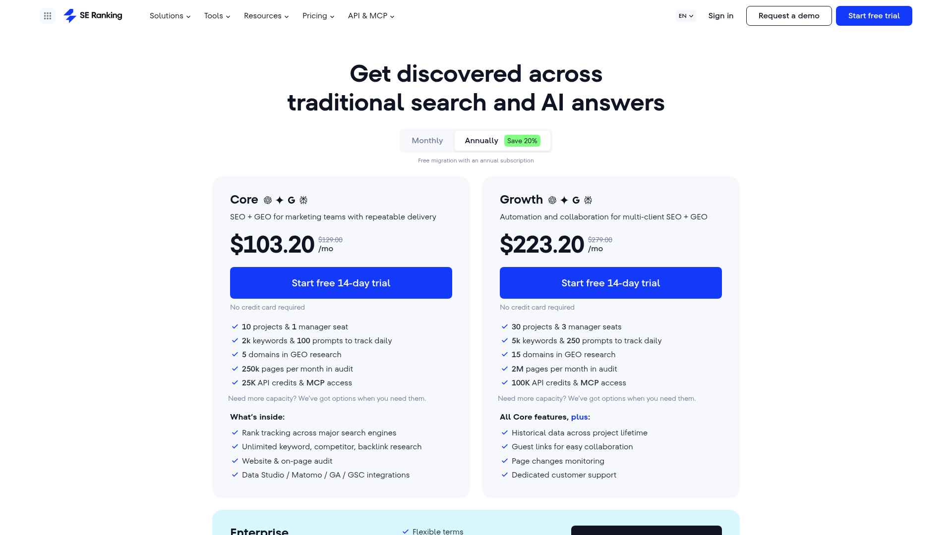 SE Ranking Core and Growth pricing plans