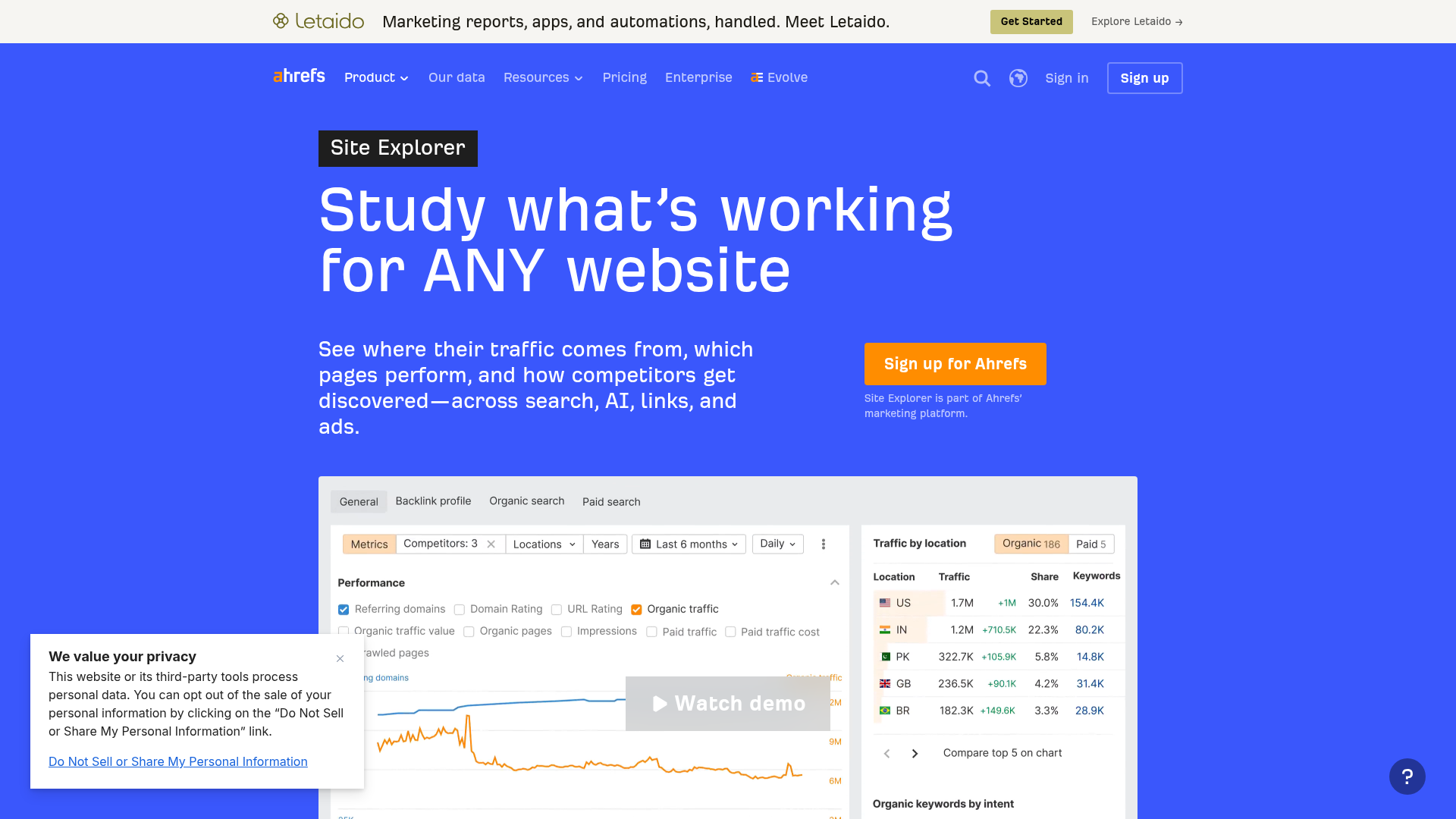 Ahrefs Site Explorer competitor traffic and backlink research page