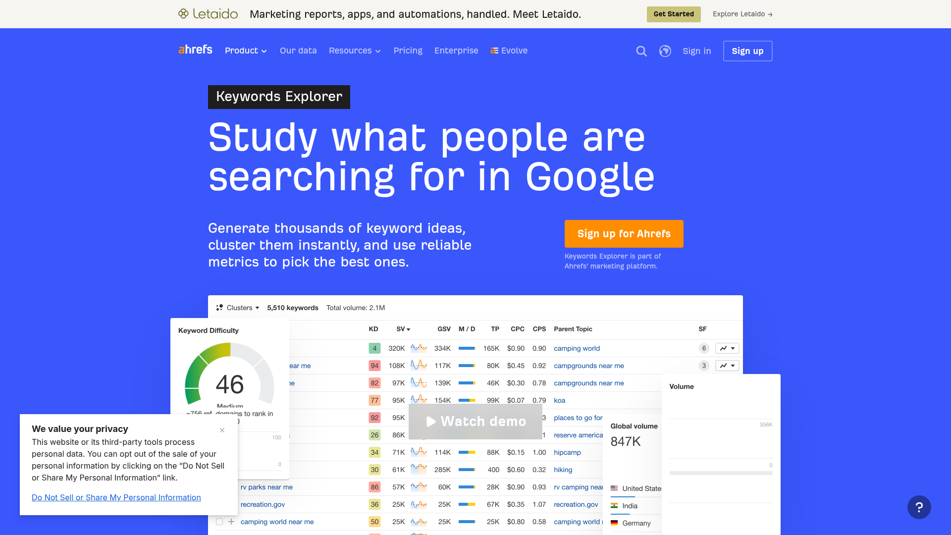 Ahrefs Keywords Explorer keyword metrics and clustering page