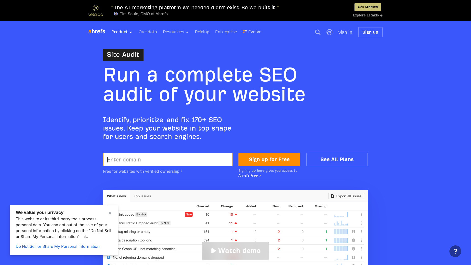 Ahrefs Site Audit technical SEO issue reports