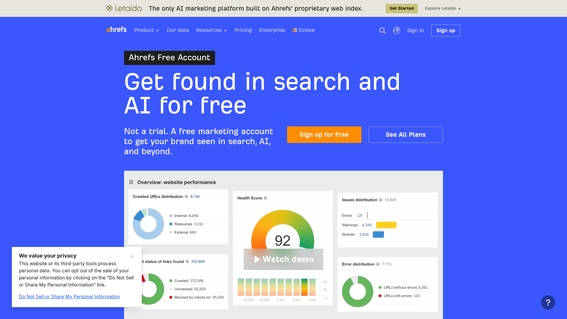 Ahrefs Free tools for verified websites