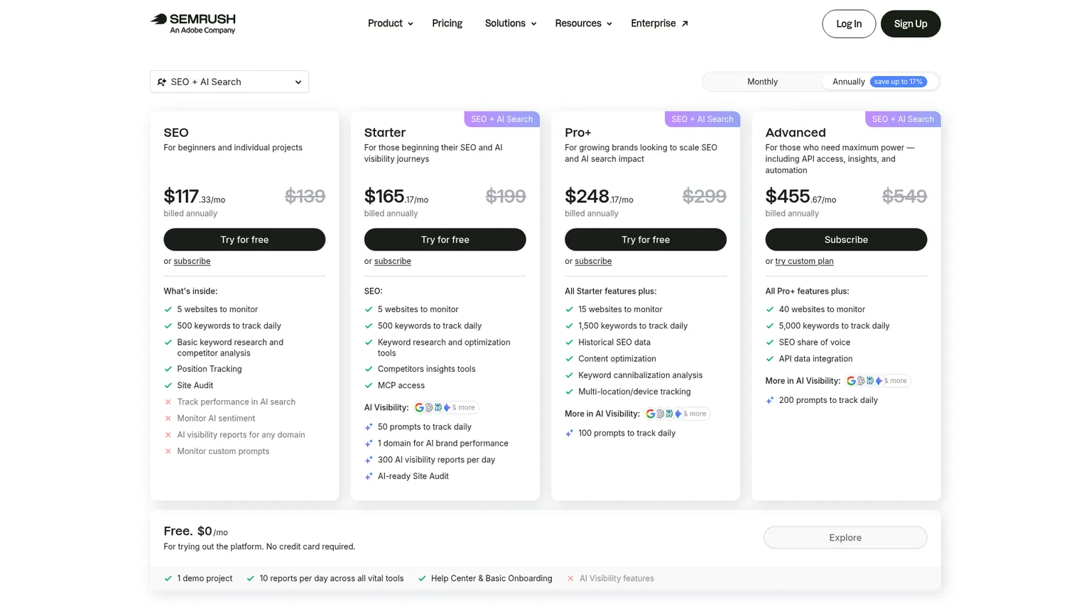 Pagina live dei prezzi Semrush con le opzioni dei piani SEO e Semrush One