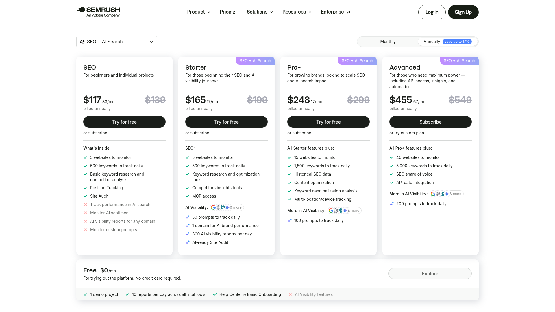 Semrush live pricing page with SEO and Semrush One plan options