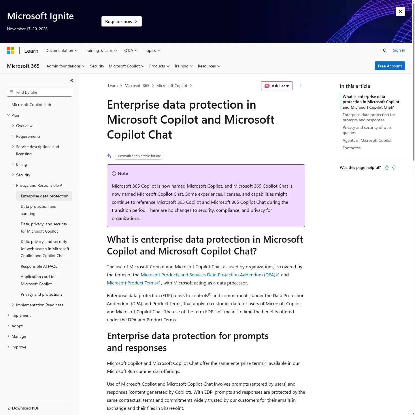 CopilotとCopilot Chatのエンタープライズデータ保護を説明するMicrosoftのドキュメント