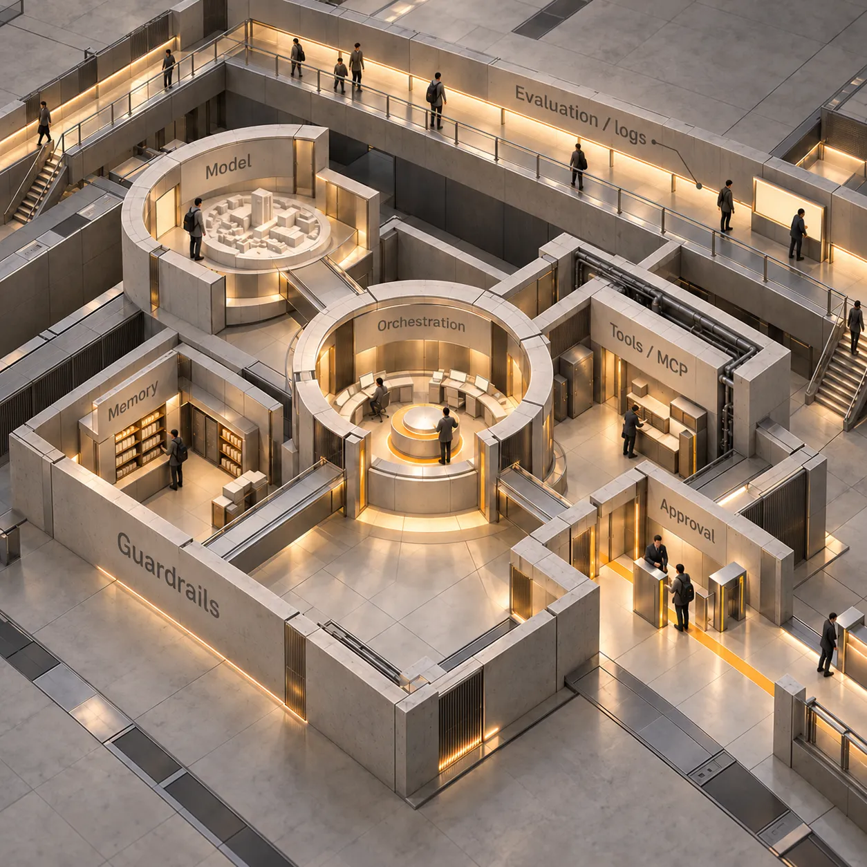 Architekturübersicht mit Verbindungen zwischen Orchestrierung, Modell, Gedächtnis und Tools, einer Freigabe vor der Aktionsausführung und einer Evaluation des gesamten Systems