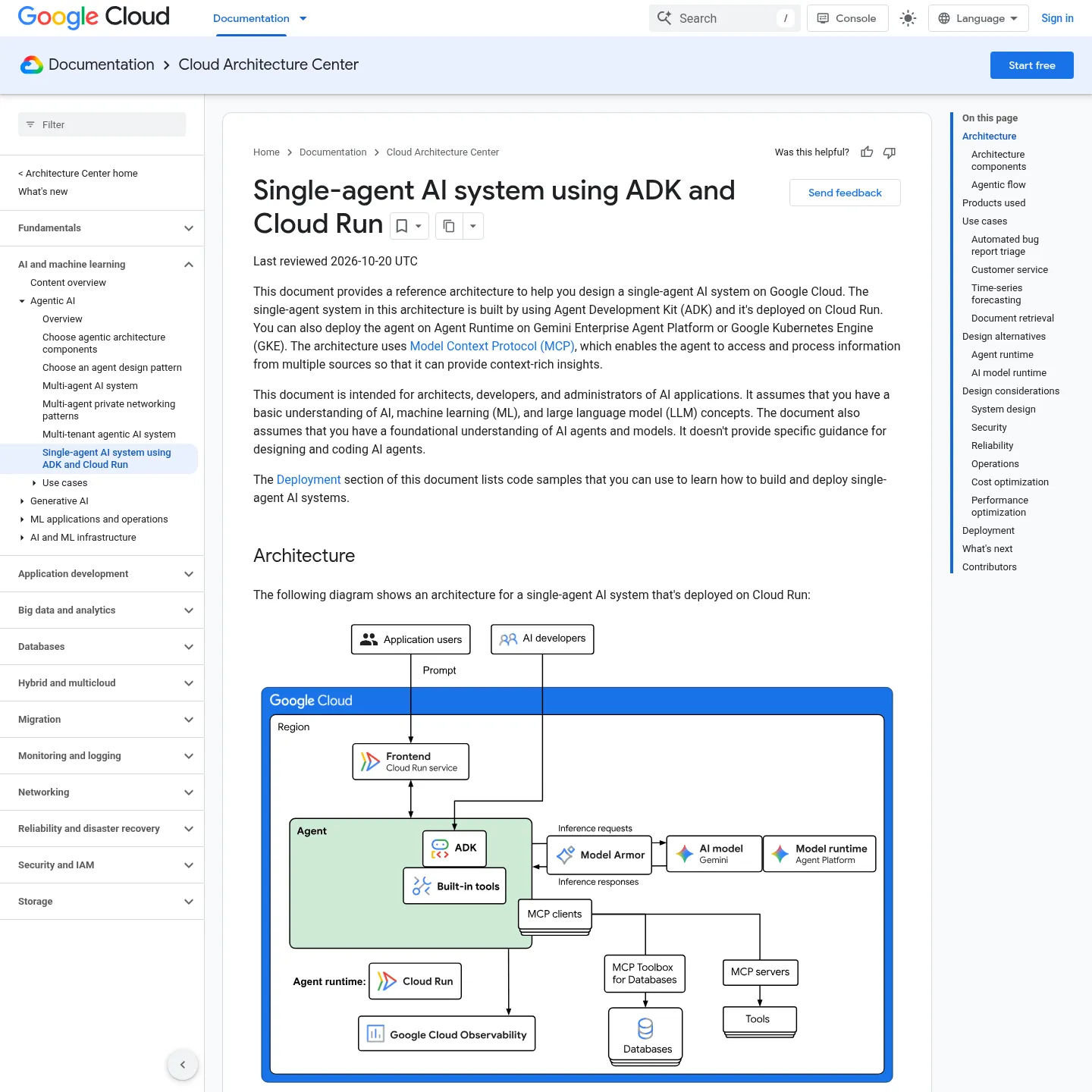 Google-Cloud-Dokumentation zu einem System mit einem einzelnen Agenten auf Basis von ADK und Cloud Run