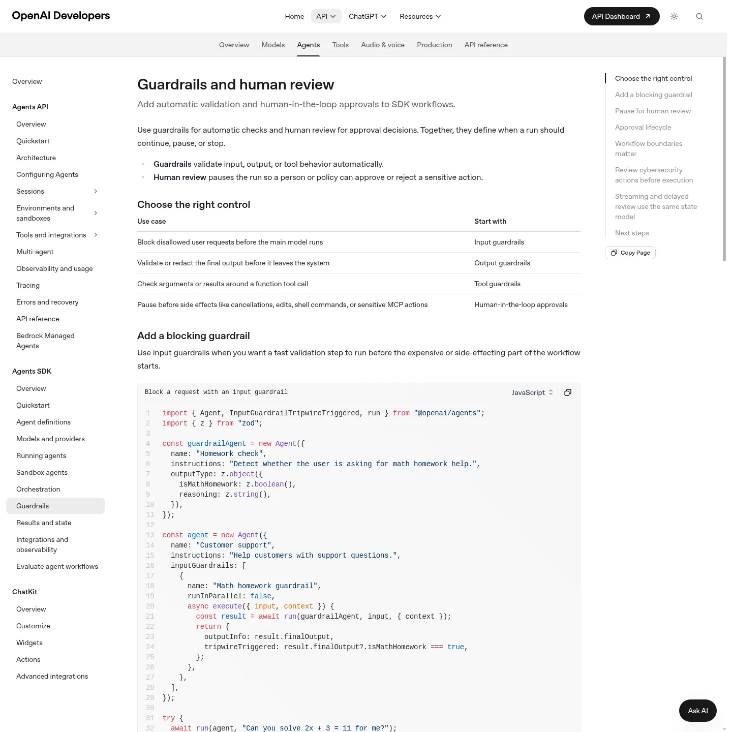 Dokumentation des OpenAI Agents SDK zu Schutzregeln und Unterbrechungen für menschliche Freigaben