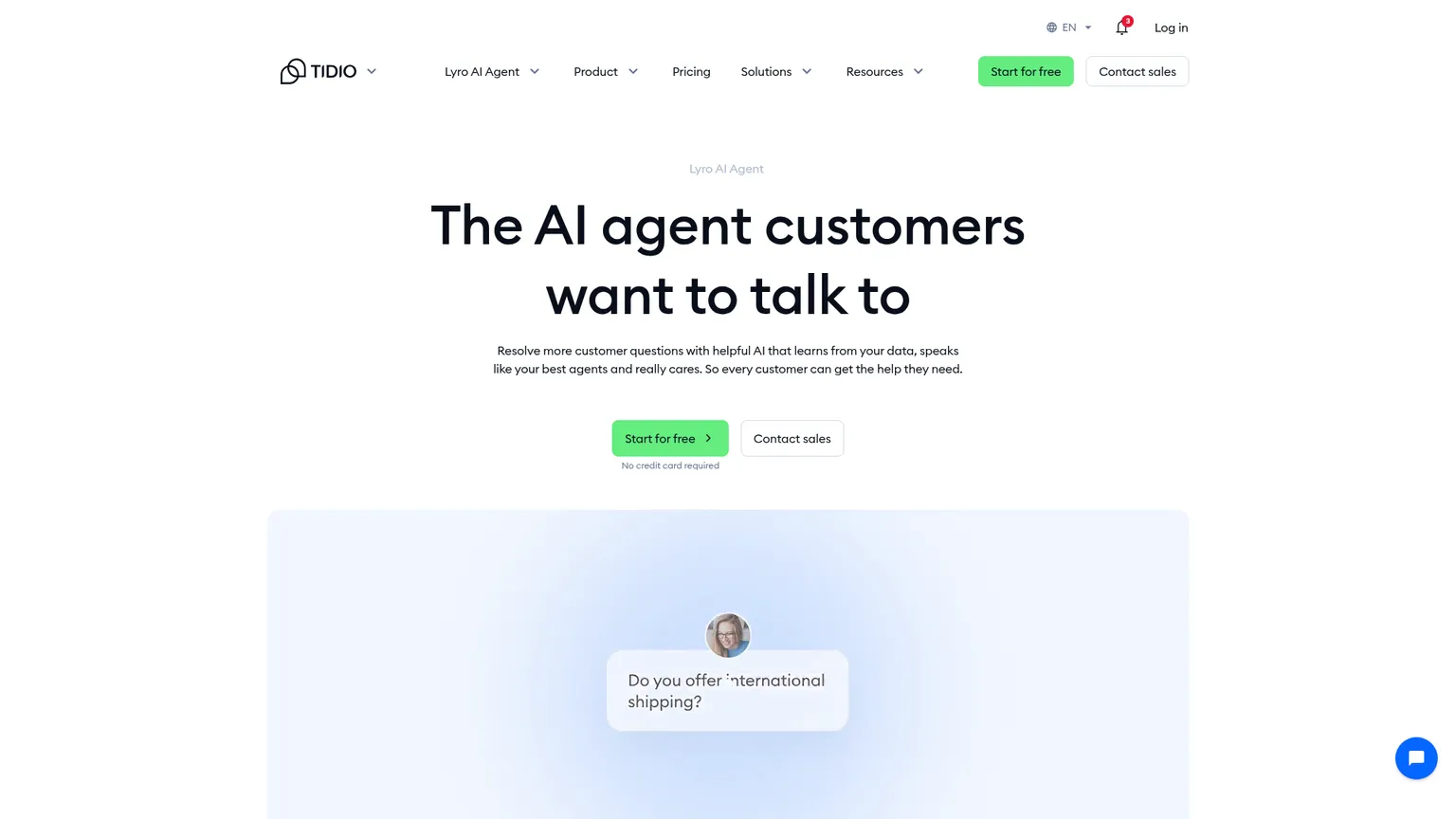 고객 지원 및 작업 수행 기능을 소개하는 Tidio의 공개 Lyro AI Agent 페이지