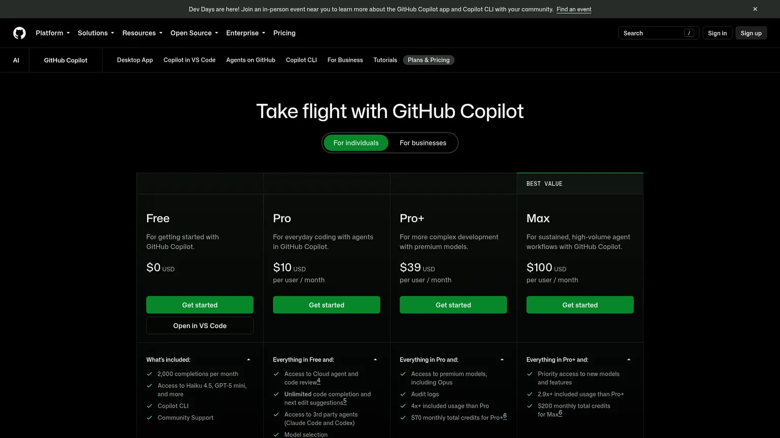 Pro 요금과 cloud agent 이용을 보여주는 GitHub의 공개 Copilot 플랜