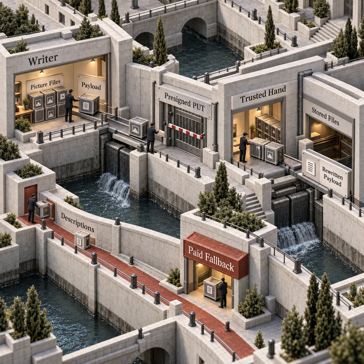 Architecture dans laquelle un rédacteur en sandbox transmet les fichiers image à un processus de confiance chargé de l’upload présigné et de la réécriture du payload