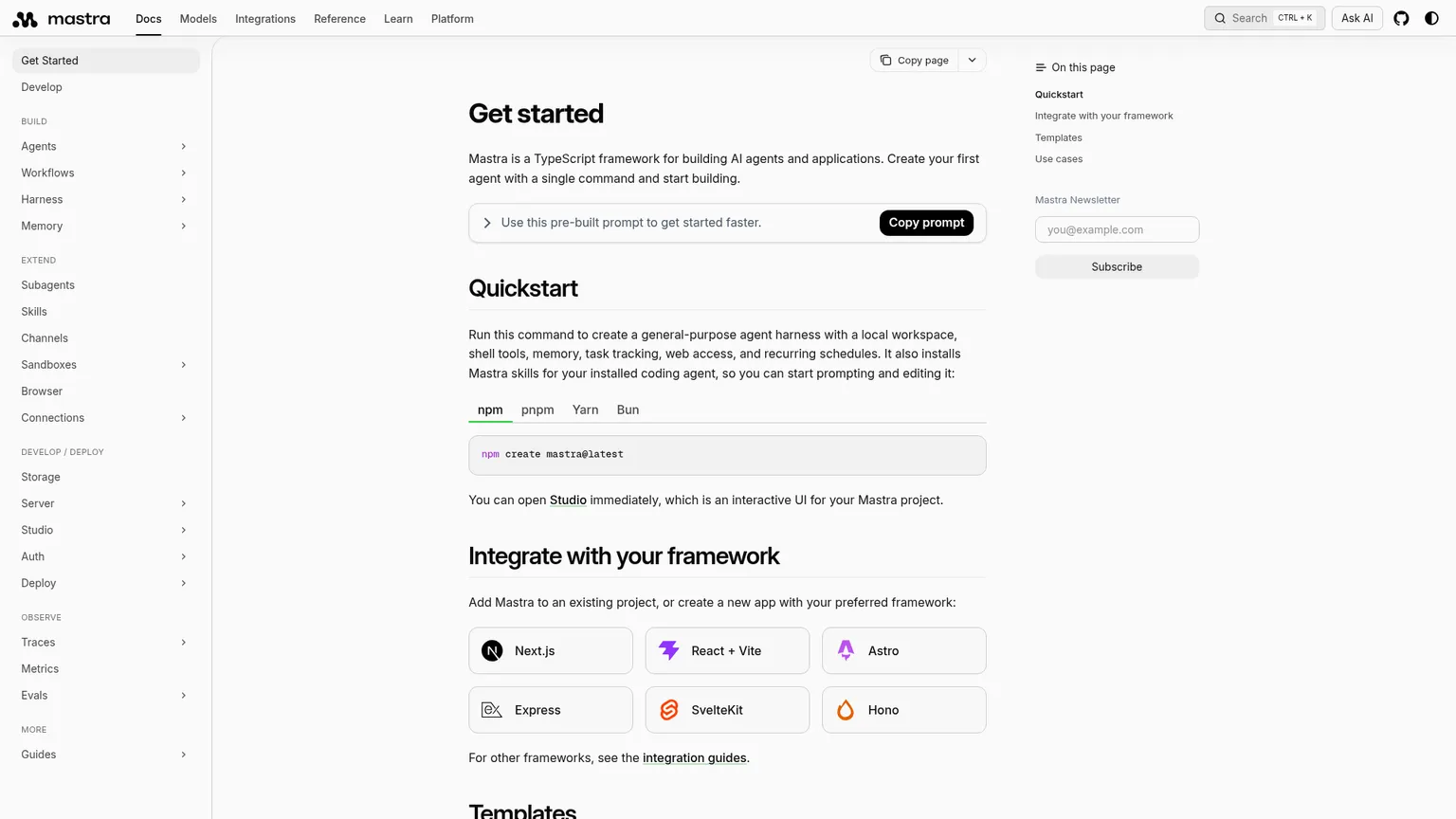 Mastra official documentation for its TypeScript agent and workflow framework