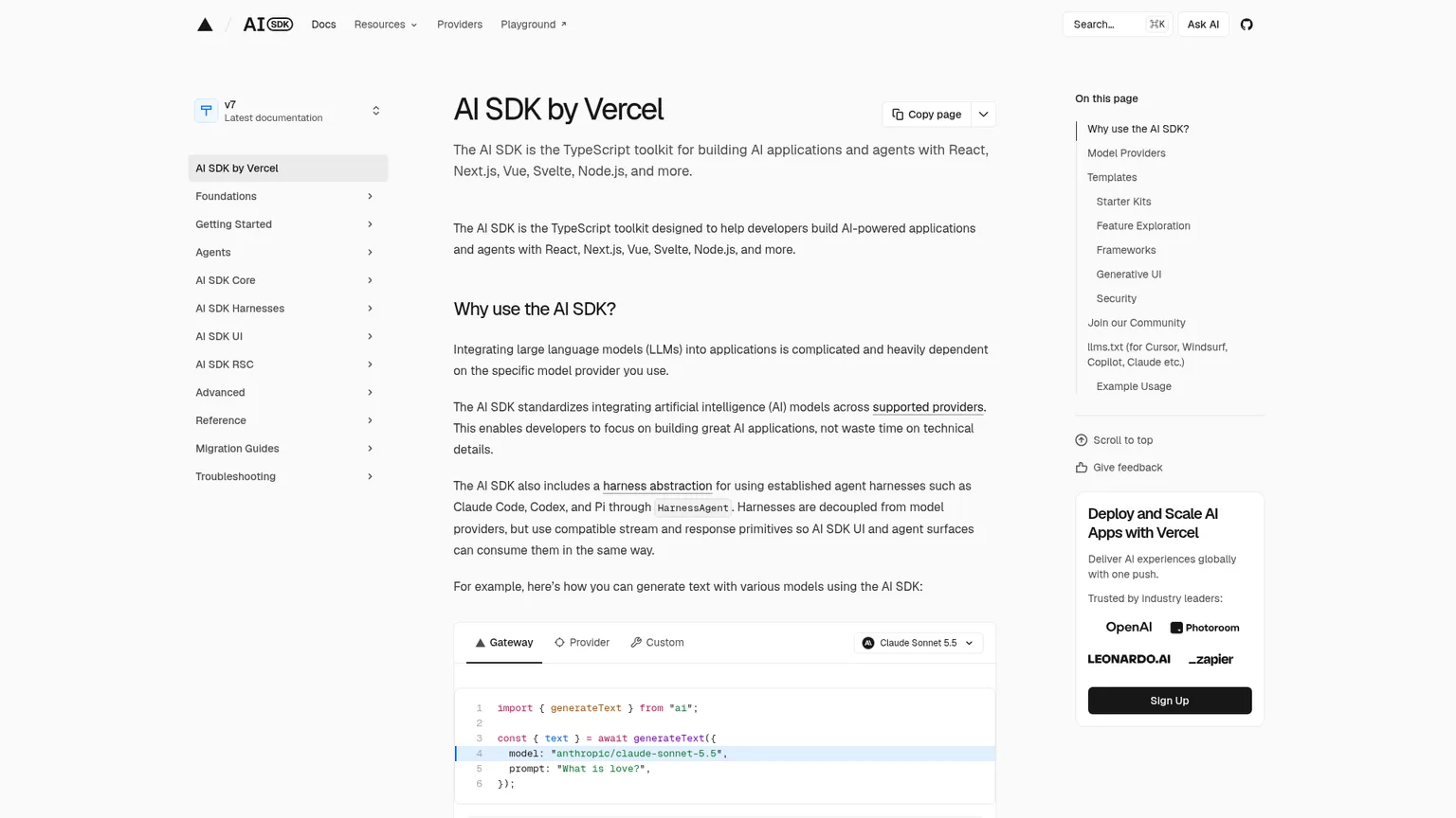 Vercel AI SDK introduction describing its Core, UI and agent interfaces